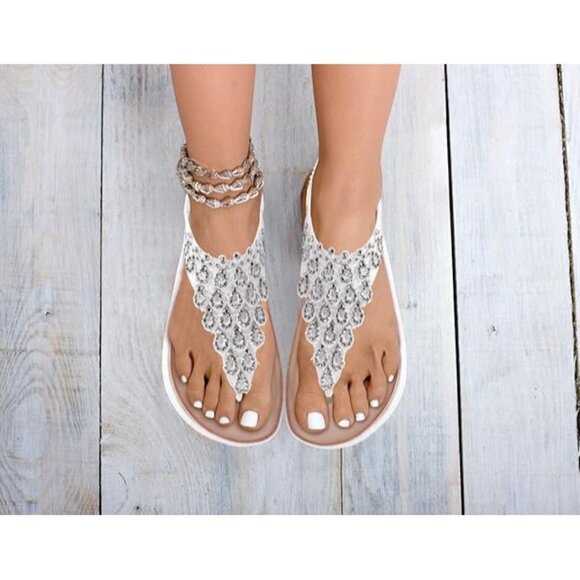 ulogu Women's White Rhinestone Thong Sandals – Size 10 Boho Flat Flip-Flops - Picture 2 of 7